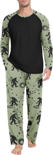 PrinStory Schlafanzug Herren Lang Pyjama Set Rundhals Langarm Oberteile Und Schlafhose Mit Taschen Nachtwäsche Hausanzug (Aprikosen-AFFE Mann, L) von PrinStory
