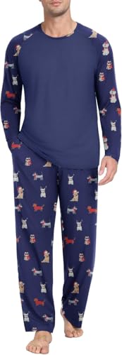 PrinStory Schlafanzug Herren Lang Pyjama Set Rundhals Langarm Oberteile Und Schlafhose Mit Taschen Nachtwäsche Hausanzug (Blauer Weihnachtshund, L) von PrinStory