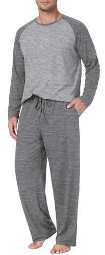 PrinStory Schlafanzug Herren Lang Pyjama Set Rundhals Langarm Oberteile Und Schlafhose Mit Taschen Nachtwäsche Hausanzug (Dunkelgrau, S) von PrinStory