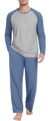 PrinStory Schlafanzug Herren Lang Pyjama Set Rundhals Langarm Oberteile Und Schlafhose Mit Taschen Nachtwäsche Hausanzug (Graublau, XL) von PrinStory