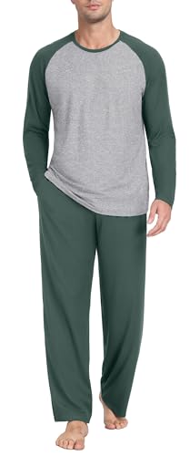 PrinStory Schlafanzug Herren Lang Pyjama Set Rundhals Langarm Oberteile Und Schlafhose Mit Taschen Nachtwäsche Hausanzug (Grün, M) von PrinStory