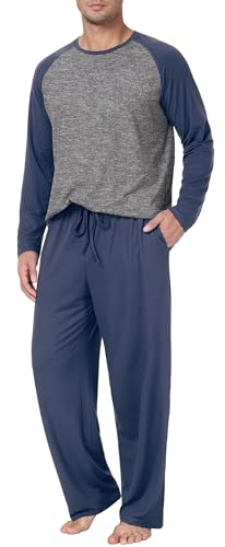 PrinStory Schlafanzug Herren Lang Pyjama Set Rundhals Langarm Oberteile Und Schlafhose Mit Taschen Nachtwäsche Hausanzug (Marineblau, M) von PrinStory