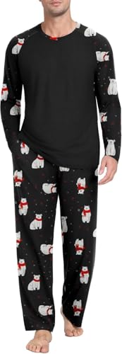 PrinStory Schlafanzug Herren Lang Pyjama Set Rundhals Langarm Oberteile Und Schlafhose Mit Taschen Nachtwäsche Hausanzug (Schwarzer Eisbär, M) von PrinStory
