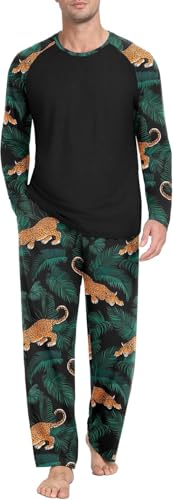 PrinStory Schlafanzug Herren Lang Pyjama Set Rundhals Langarm Oberteile Und Schlafhose Mit Taschen Nachtwäsche Hausanzug (Schwarzer Panther, XL) von PrinStory