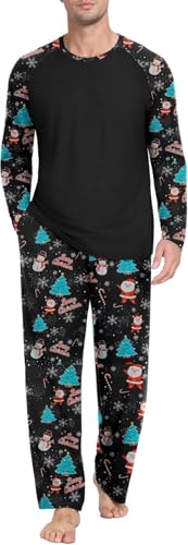 PrinStory Schlafanzug Herren Lang Pyjama Set Rundhals Langarm Oberteile Und Schlafhose Mit Taschen Nachtwäsche Hausanzug (Schwarzer Weihnachtsmann, M) von PrinStory