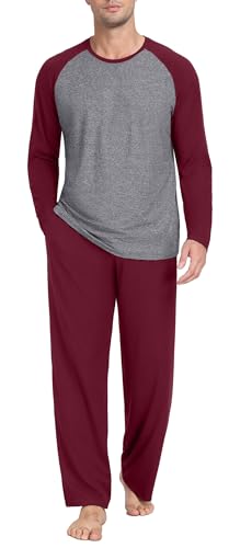 PrinStory Schlafanzug Herren Lang Pyjama Set Rundhals Langarm Oberteile Und Schlafhose Mit Taschen Nachtwäsche Hausanzug (Weinrot, XXL) von PrinStory