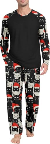 PrinStory Schlafanzug Herren Lang Pyjama Set Rundhals Langarm Oberteile Und Schlafhose Mit Taschen Nachtwäsche Hausanzug (Weißer Roter Hut Katze, XXL) von PrinStory