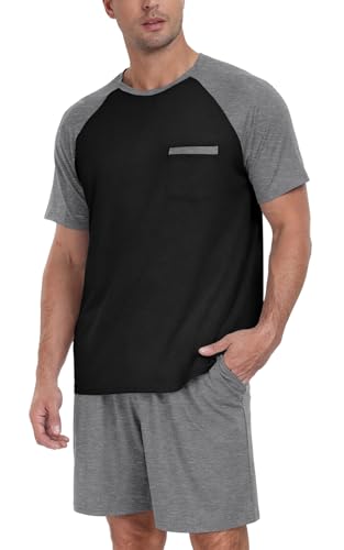 PrinStory Schlafanzug Kurz Herren Shorty Pyjama Herren Zweiteilig Sommer Rundhals Raglanärmel Kurzarm Oberteile Und Kurze Schlafhose Mit Taschen (Dunkelgrau, XXL) von PrinStory