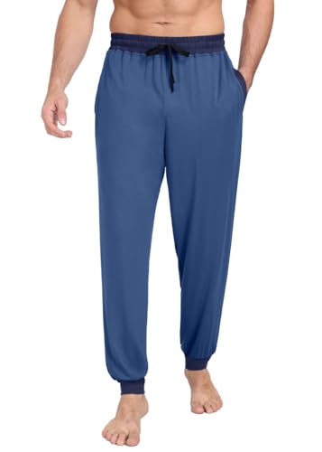 PrinStory Schlafanzughosen Für Herren Lang Pyjamahose Mit Taschen Elastischem Bund Schlafhose Pyjama Hose Strick Lounge Hose Freizeithose (Dunkelblau Farbe Clash, M) von PrinStory