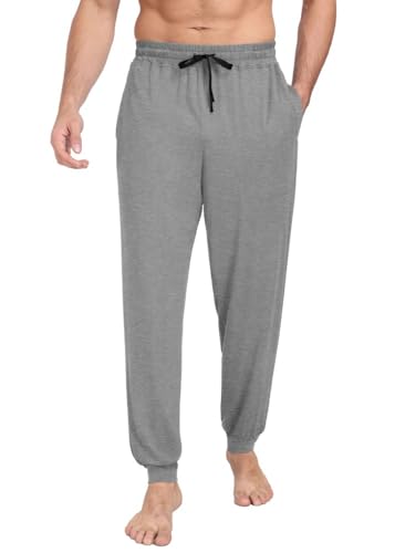 PrinStory Schlafanzughosen Für Herren Lang Pyjamahose Mit Taschen Elastischem Bund Schlafhose Pyjama Hose Strick Lounge Hose Freizeithose (Dunkelgrau, XXL) von PrinStory