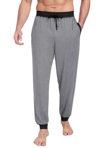 PrinStory Schlafanzughosen Für Herren Lang Pyjamahose Mit Taschen Elastischem Bund Schlafhose Pyjama Hose Strick Lounge Hose Freizeithose (Dunkles Grau Farbe Clash, L) von PrinStory