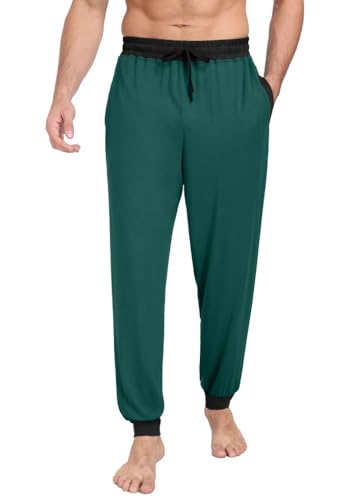 PrinStory Schlafanzughosen Für Herren Lang Pyjamahose Mit Taschen Elastischem Bund Schlafhose Pyjama Hose Strick Lounge Hose Freizeithose (Dunkles Grün Farbe Clash, XL) von PrinStory