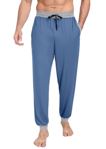 PrinStory Schlafanzughosen Für Herren Lang Pyjamahose Mit Taschen Elastischem Bund Schlafhose Pyjama Hose Strick Lounge Hose Freizeithose (Grau Blau Farbe Clash, M) von PrinStory