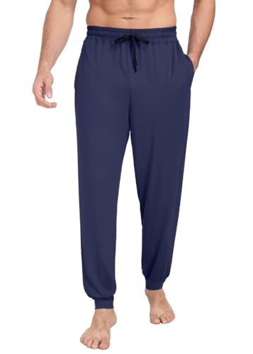 PrinStory Schlafanzughosen Für Herren Lang Pyjamahose Mit Taschen Elastischem Bund Schlafhose Pyjama Hose Strick Lounge Hose Freizeithose (Marineblau, XXL) von PrinStory