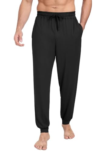 PrinStory Schlafanzughosen Für Herren Lang Pyjamahose Mit Taschen Elastischem Bund Schlafhose Pyjama Hose Strick Lounge Hose Freizeithose (Schwarz, S) von PrinStory