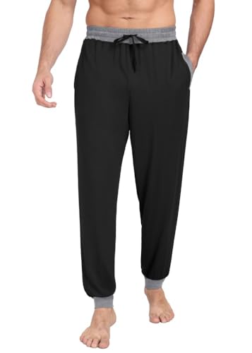 PrinStory Schlafanzughosen Für Herren Lang Pyjamahose Mit Taschen Elastischem Bund Schlafhose Pyjama Hose Strick Lounge Hose Freizeithose (Schwarz Farbe Clash, M) von PrinStory