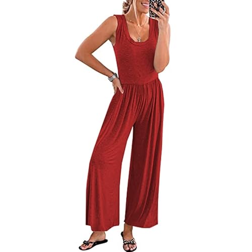 PrinStory Sommer Jumpsuit Für Damen Lässig Ärmellos Weites Bein Solide Playsuits Baggy Lose Tank Overall Mit Taschen (Rot, M) von PrinStory