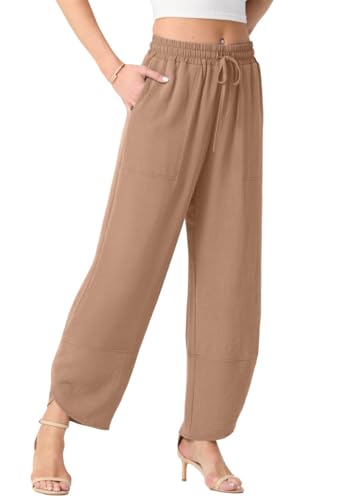 PrinStory Sommerhose Damen Leicht Elastische Taille Weite Hose Hohe Taille Palazzo Hose Baggy Freizeithose Mit Taschen (Helles Khaki, L) von PrinStory
