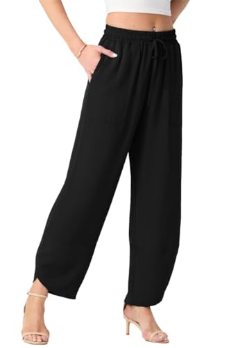 PrinStory Sommerhose Damen Leicht Elastische Taille Weite Hose Hohe Taille Palazzo Hose Baggy Freizeithose Mit Taschen (Schwarz, L) von PrinStory