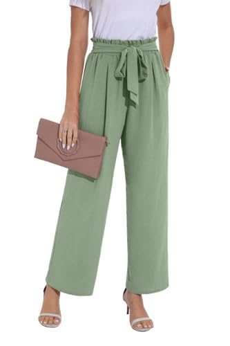 PrinStory Sommerhose Damen Leicht Weitem Bein Damen Hose Mit Taschen Elegante Palazzo Hose Mit Gürtelel (Mintgrün, M) von PrinStory
