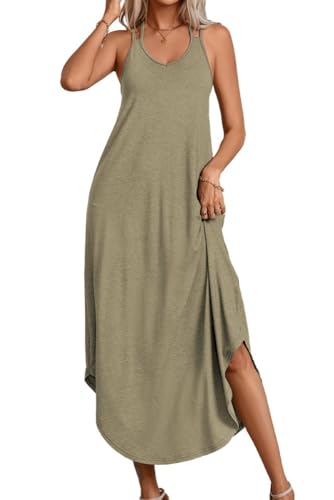 PrinStory Sommerkleid Damen Elegant Drucken Tanktop Damen Strickkleid Lässig Rundkragen Gestrickt Pulloverkleid (Armeegrün, L) von PrinStory