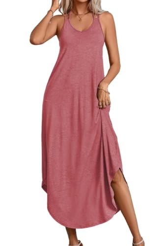 PrinStory Sommerkleid Damen Elegant Drucken Tanktop Damen Strickkleid Lässig Rundkragen Gestrickt Pulloverkleid (Bohnenpaste Rot, XL) von PrinStory