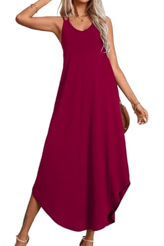 PrinStory Sommerkleid Damen Elegant Drucken Tanktop Damen Strickkleid Lässig Rundkragen Gestrickt Pulloverkleid (Weinrot, M) von PrinStory