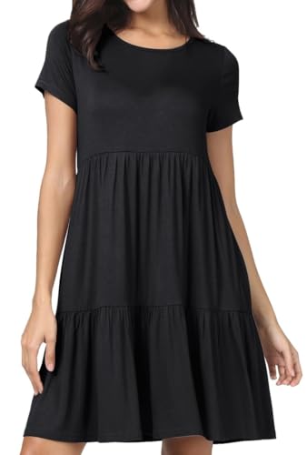PrinStory Sommerkleid Damen Kurzarm Freizeitkleider Rundhals Strandkleid Loose A-Linie Kleid Hohe Taille Plisseekleid (A Schwarz, XL) von PrinStory