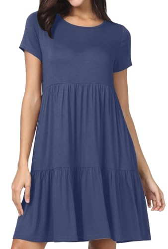 PrinStory Sommerkleid Damen Kurzarm Freizeitkleider Rundhals Strandkleid Loose A-Linie Kleid Hohe Taille Plisseekleid (Dunkelblau, XL) von PrinStory