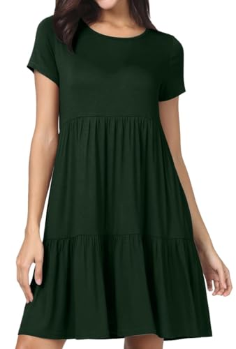 PrinStory Sommerkleid Damen Kurzarm Freizeitkleider Rundhals Strandkleid Loose A-Linie Kleid Hohe Taille Plisseekleid (Dunkelgrün, S) von PrinStory