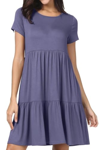 PrinStory Sommerkleid Damen Kurzarm Freizeitkleider Rundhals Strandkleid Loose A-Linie Kleid Hohe Taille Plisseekleid (Lila Grau, 2XL) von PrinStory