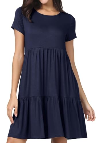 PrinStory Sommerkleid Damen Kurzarm Freizeitkleider Rundhals Strandkleid Loose A-Linie Kleid Hohe Taille Plisseekleid (Marineblau, M) von PrinStory