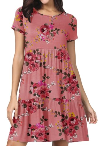 PrinStory Sommerkleid Damen Kurzarm Freizeitkleider Rundhals Strandkleid Loose A-Linie Kleid Hohe Taille Plisseekleid (Rosa Rose, 2XL) von PrinStory