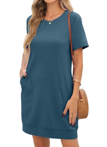 PrinStory Sommerkleider Damen Kurzarm Kleid Lässig Rundhalsausschnitt Urlaub Atmungsaktiv T-Shirt Kleider Leicht Sommer Freizeitkleid Mit Taschen (Blau,L) von PrinStory