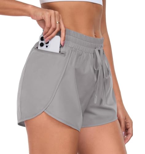 PrinStory Sporthose Damen Kurz Laufshorts 2 In 1 Hohe Taille Sport Shorts Seitenschlitz Kurz Laufhose Mit Handytasche (Hellgrau, S) von PrinStory