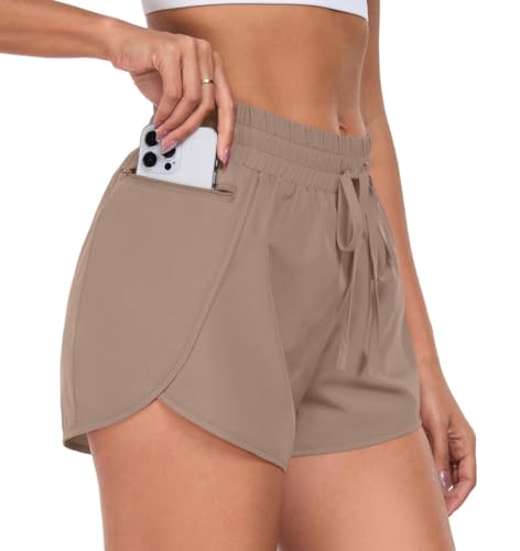 PrinStory Sporthose Damen Kurz Laufshorts 2 In 1 Hohe Taille Sport Shorts Seitenschlitz Kurz Laufhose Mit Handytasche (Khaki, L) von PrinStory