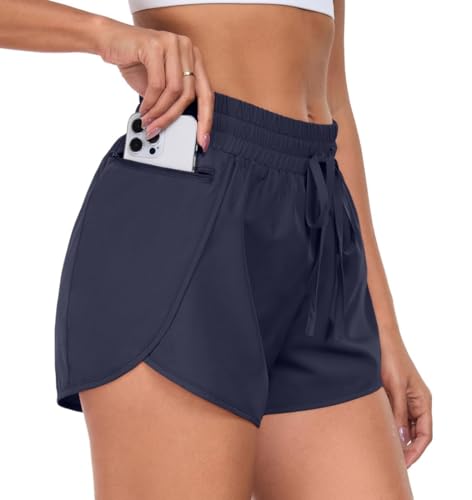 PrinStory Sporthose Damen Kurz Laufshorts 2 In 1 Hohe Taille Sport Shorts Seitenschlitz Kurz Laufhose Mit Handytasche (Marineblau, XL) von PrinStory