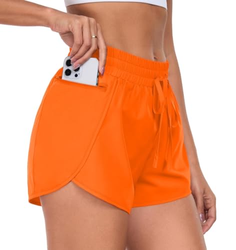 PrinStory Sporthose Damen Kurz Laufshorts 2 In 1 Hohe Taille Sport Shorts Seitenschlitz Kurz Laufhose Mit Handytasche (Orange, S) von PrinStory