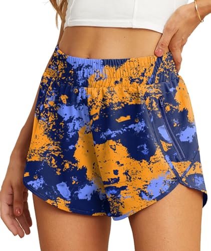 PrinStory Sportshorts Damen Kurze Hosen High Waist 2 In 1 Running Shorts Mit Tasche Schnelltrocknende Kurze Laufhosen Sporthose Jogging Trainingshose (Gelb Blau Farbe,S) von PrinStory