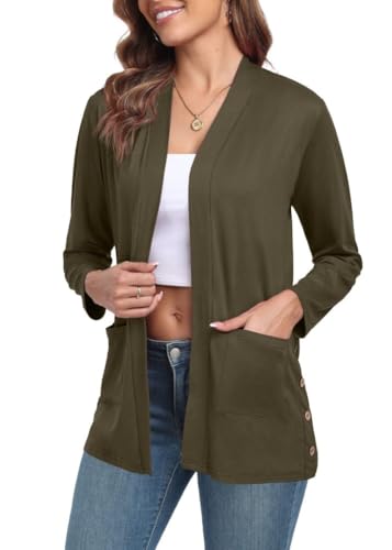 PrinStory Strickjacke Damen Lang Cardigan Mit Taschen Elegante Lässig Langärm Strickjacke Frauen V-Ausschnitt Sommer Jacke Herbst Langarm Pullover (Armee Grün, XL) von PrinStory