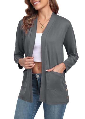 PrinStory Strickjacke Damen Lang Cardigan Mit Taschen Elegante Lässig Langärm Strickjacke Frauen V-Ausschnitt Sommer Jacke Herbst Langarm Pullover (Dunkelgrau, L) von PrinStory