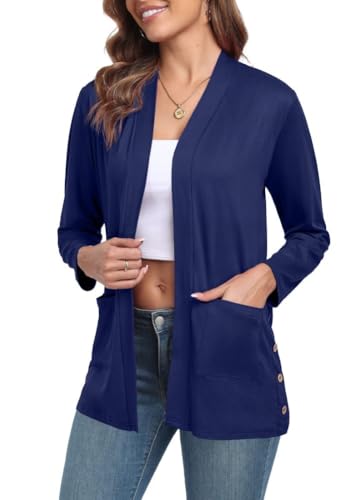 PrinStory Strickjacke Damen Lang Cardigan Mit Taschen Elegante Lässig Langärm Strickjacke Frauen V-Ausschnitt Sommer Jacke Herbst Langarm Pullover (Marineblau, XL) von PrinStory