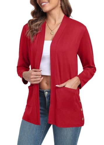 PrinStory Strickjacke Damen Lang Cardigan Mit Taschen Elegante Lässig Langärm Strickjacke Frauen V-Ausschnitt Sommer Jacke Herbst Langarm Pullover (Rot, S) von PrinStory