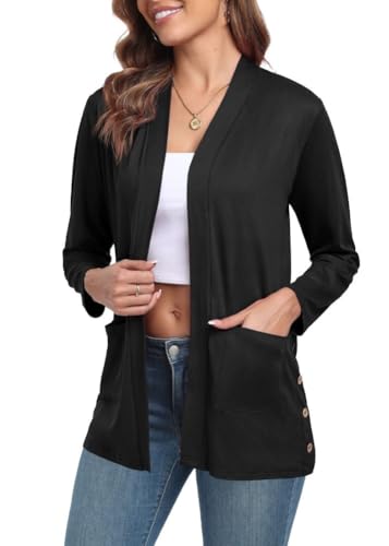 PrinStory Strickjacke Damen Lang Cardigan Mit Taschen Elegante Lässig Langärm Strickjacke Frauen V-Ausschnitt Sommer Jacke Herbst Langarm Pullover (Schwarz, M) von PrinStory