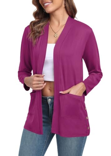 PrinStory Strickjacke Damen Lang Cardigan Mit Taschen Elegante Lässig Langärm Strickjacke Frauen V-Ausschnitt Sommer Jacke Herbst Langarm Pullover (Violett-Rot, XL) von PrinStory