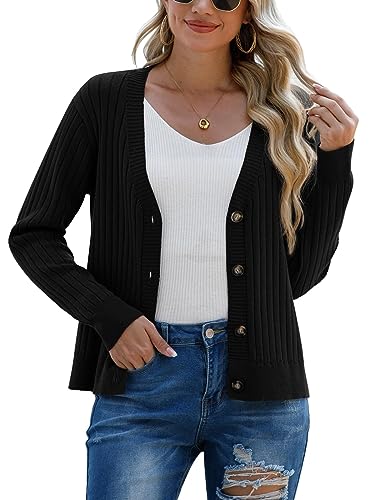 PrinStory Strickjacke Damen Offene Vorderseite Gestrickt Langärmelige Freizeitpullover Mit Knöpfen Damen Langarm-Strickpullover Cardigan (Schwarz, M) von PrinStory