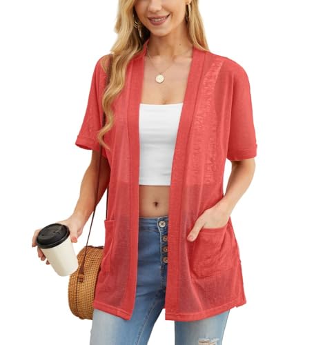 PrinStory Strickjacke Damen Sommer Leicht Kurzärm Strickjacke Mit Tasche Lässig Vorne Offen V-Ausschnitt Cardigan Damen (Korallenrot, M) von PrinStory
