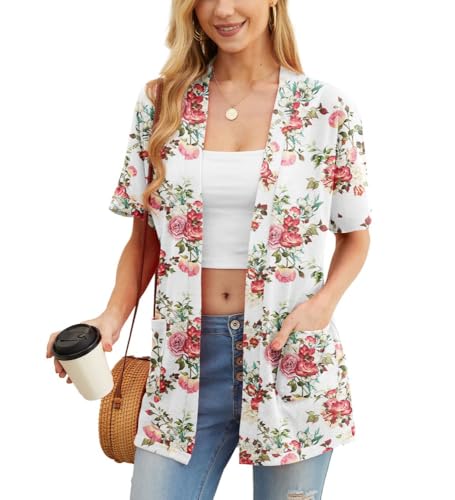 PrinStory Strickjacke Für Damen Leichte Cardigan Damen Sommer Elegant Kurzen Ärmel Strickjacke Vorne Offen Kurze Ärmel Oberbekleidung Mit Taschen (Weiß Rose, XXL) von PrinStory