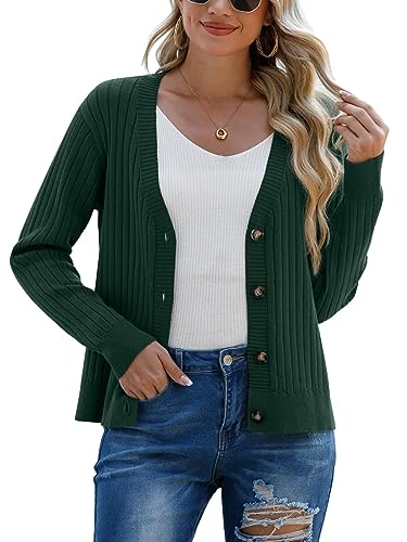 PrinStory Strickjacken Für Damen Kausal Knopf-Pullover Offene Front Strickpullover Cardigans Für Damen Langarm-Strickwaren (Dunkelgrün, XXL) von PrinStory