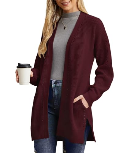 PrinStory Strickjacken Für Damen Lange Übergröße Cardigan Offene Vorderseite Weihnachts Strickjacke Mit Tasche Strickwaren Winterpullover (Weinrot, L) von PrinStory